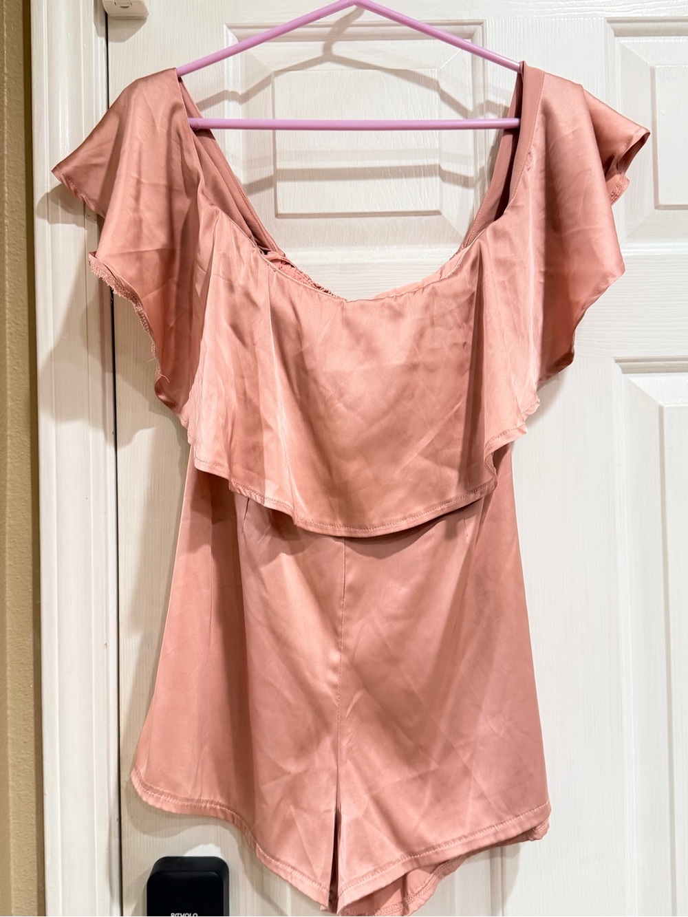 Off-Shoulder Ruffle Romper in Blush Pink